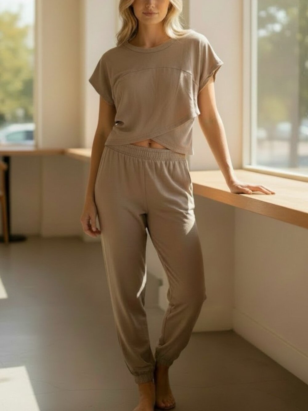 Two-Piece Matching Outfit Crossover Cropped Top Wide-Leg Jogger Pant Khaki S M L